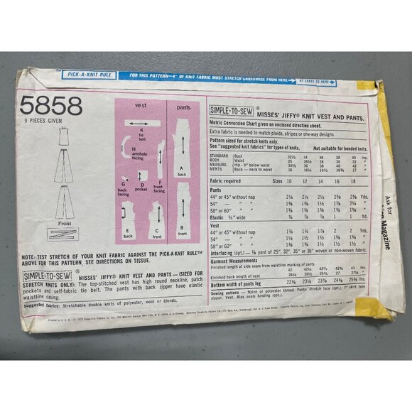 1973 Simplicity 5858 Misses Jiffy Knit Sewing Pattern Size 10 Vest Pant Easy Sew - Picture 3 of 6